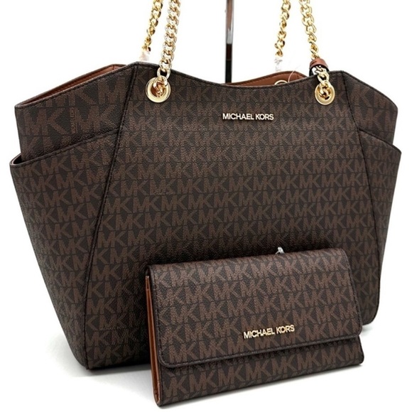 Michael Kors Large Jet Set Travel Chain Shoulder Bag & Trifold Wallet Brown - Picture 1 of 14